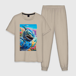 Пижама хлопковая мужская Shark - cyberpunk - neural network, цвет: миндальный