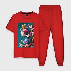 Мужская пижама Девушка с птицей на фоне цветущей сакуры