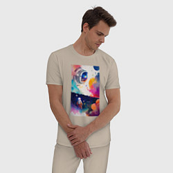Пижама хлопковая мужская Абстрактный космонавт и разноцветные брызги краски, цвет: миндальный — фото 2