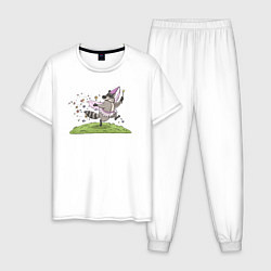 Пижама хлопковая мужская Енот цветочная фея, цвет: белый