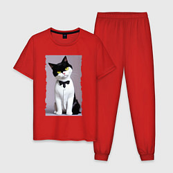 Пижама хлопковая мужская Кот-джентльмен - мем, цвет: красный