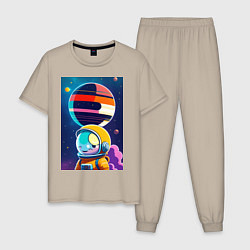 Пижама хлопковая мужская Улыбчивый астронавт в космосе, цвет: миндальный