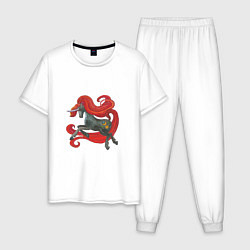Пижама хлопковая мужская Серый единорог с красной гривой, цвет: белый