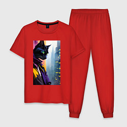 Пижама хлопковая мужская Black cat in New York - neural network, цвет: красный