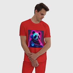 Пижама хлопковая мужская Диджей панда в свете неона, цвет: красный — фото 2