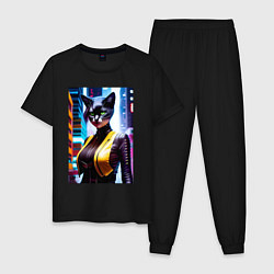 Пижама хлопковая мужская Модная кошечка в Нью-Йорке, цвет: черный