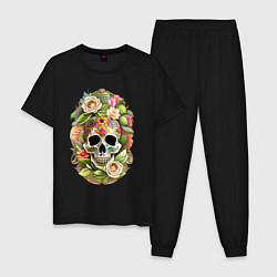 Пижама хлопковая мужская Череп окружён цветами, цвет: черный