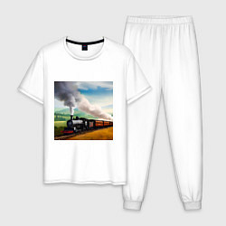 Пижама хлопковая мужская Ретро поезд, цвет: белый
