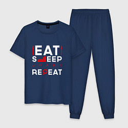 Пижама хлопковая мужская Надпись eat sleep Quake repeat, цвет: тёмно-синий