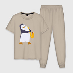 Пижама хлопковая мужская Пингвин играет на инструменте, цвет: миндальный