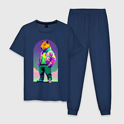 Пижама хлопковая мужская Модный капибара - нейросеть, цвет: тёмно-синий