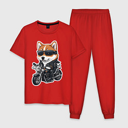 Пижама хлопковая мужская Shiba Inu собака мотоциклист, цвет: красный