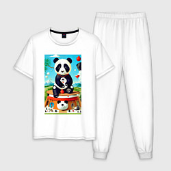 Пижама хлопковая мужская Панда на постаменте - сюрреализм, цвет: белый