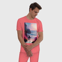Пижама хлопковая мужская Вечер в бухте, цвет: коралловый — фото 2