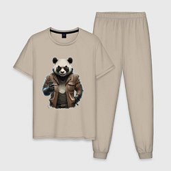 Пижама хлопковая мужская Крутая панда, цвет: миндальный