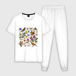 Пижама хлопковая мужская Цветение и птички, цвет: белый