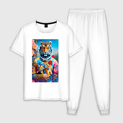Пижама хлопковая мужская Тигрица - космонавт с тигрятами - нейросеть, цвет: белый