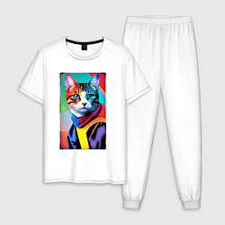 Мужская пижама Котик с разными по цвету глазами - поп-арт