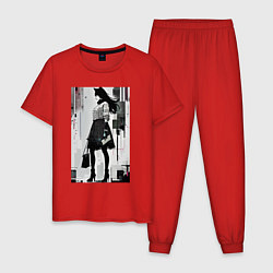 Пижама хлопковая мужская Городская волчица - Нью-Йорк - нейросеть, цвет: красный