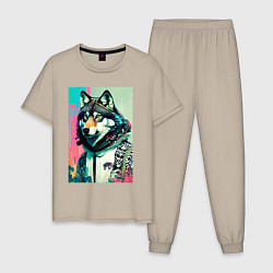 Пижама хлопковая мужская Волчара модник - нейросеть, цвет: миндальный