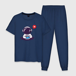 Пижама хлопковая мужская Космонавт, кофе и сердечко, цвет: тёмно-синий