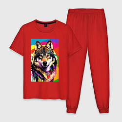 Пижама хлопковая мужская Красочный волк - поп-арт - нейросеть, цвет: красный