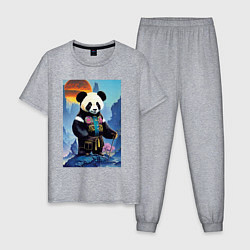 Пижама хлопковая мужская Панда на берегу озера - нейросеть, цвет: меланж