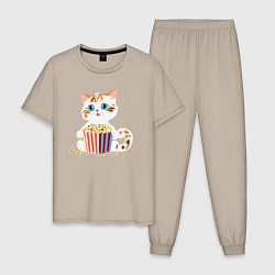 Пижама хлопковая мужская Котенок с попкорном, цвет: миндальный