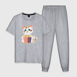 Пижама хлопковая мужская Котенок с попкорном, цвет: меланж