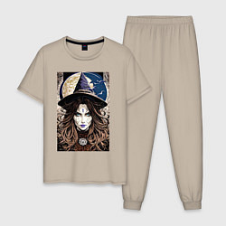 Пижама хлопковая мужская Взгляд ведьмы - хэллоуин, цвет: миндальный