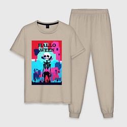 Пижама хлопковая мужская Funny skeleton - pop art - pixels halloween, цвет: миндальный