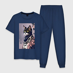 Пижама хлопковая мужская Котяра городской модник - нейросеть, цвет: тёмно-синий