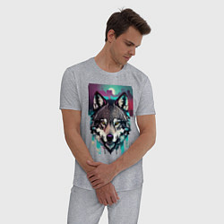 Пижама хлопковая мужская Морда волка - акварель, цвет: меланж — фото 2
