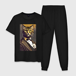 Пижама хлопковая мужская Крутой котяра - джентльмен - нейросеть, цвет: черный