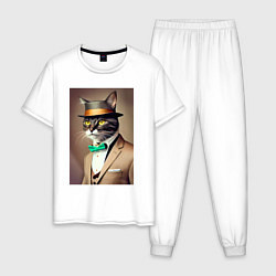 Пижама хлопковая мужская Портрет кота джентльмена в шляпе, цвет: белый