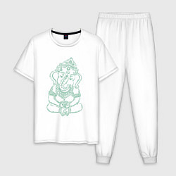 Пижама хлопковая мужская Ганеша зеленый лайн, цвет: белый