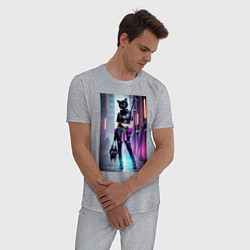 Пижама хлопковая мужская Крутая модная кисуля в ночном Бронксе - нейросеть, цвет: меланж — фото 2