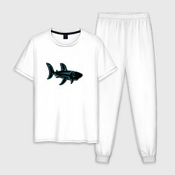 Пижама хлопковая мужская Неоновая акула с узором, цвет: белый