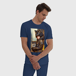 Пижама хлопковая мужская Девчонка фурри с волчонком - стимпанк - нейросеть, цвет: тёмно-синий — фото 2