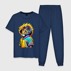 Пижама хлопковая мужская Прикольный львёнок - поп-арт, цвет: тёмно-синий