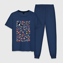 Пижама хлопковая мужская Зимующие птицы, цвет: тёмно-синий