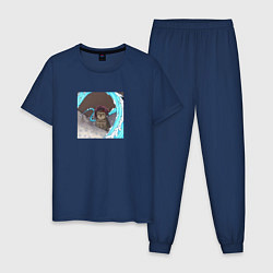 Пижама хлопковая мужская Танджиро- котик, цвет: тёмно-синий
