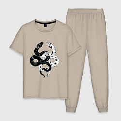 Пижама хлопковая мужская Змеи инь и янь - черное белое, цвет: миндальный
