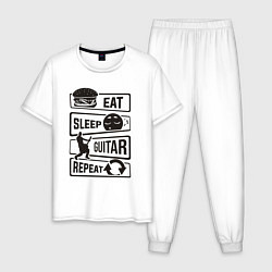 Пижама хлопковая мужская Eat sleep guitar repeat, цвет: белый
