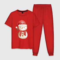 Пижама хлопковая мужская Маленький снеговик, цвет: красный