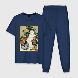 Пижама хлопковая мужская Ретро открытка с новым годом, цвет: тёмно-синий