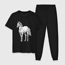 Пижама хлопковая мужская Белая лошадь стоит, цвет: черный