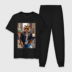 Пижама хлопковая мужская Cool tiger on the streets of New York - ai art, цвет: черный