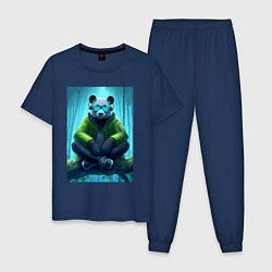 Пижама хлопковая мужская Панда слушает музон в лесу - нейросеть, цвет: тёмно-синий