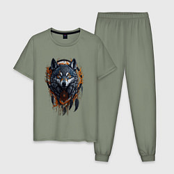 Пижама хлопковая мужская Волк и ловец снов, цвет: авокадо